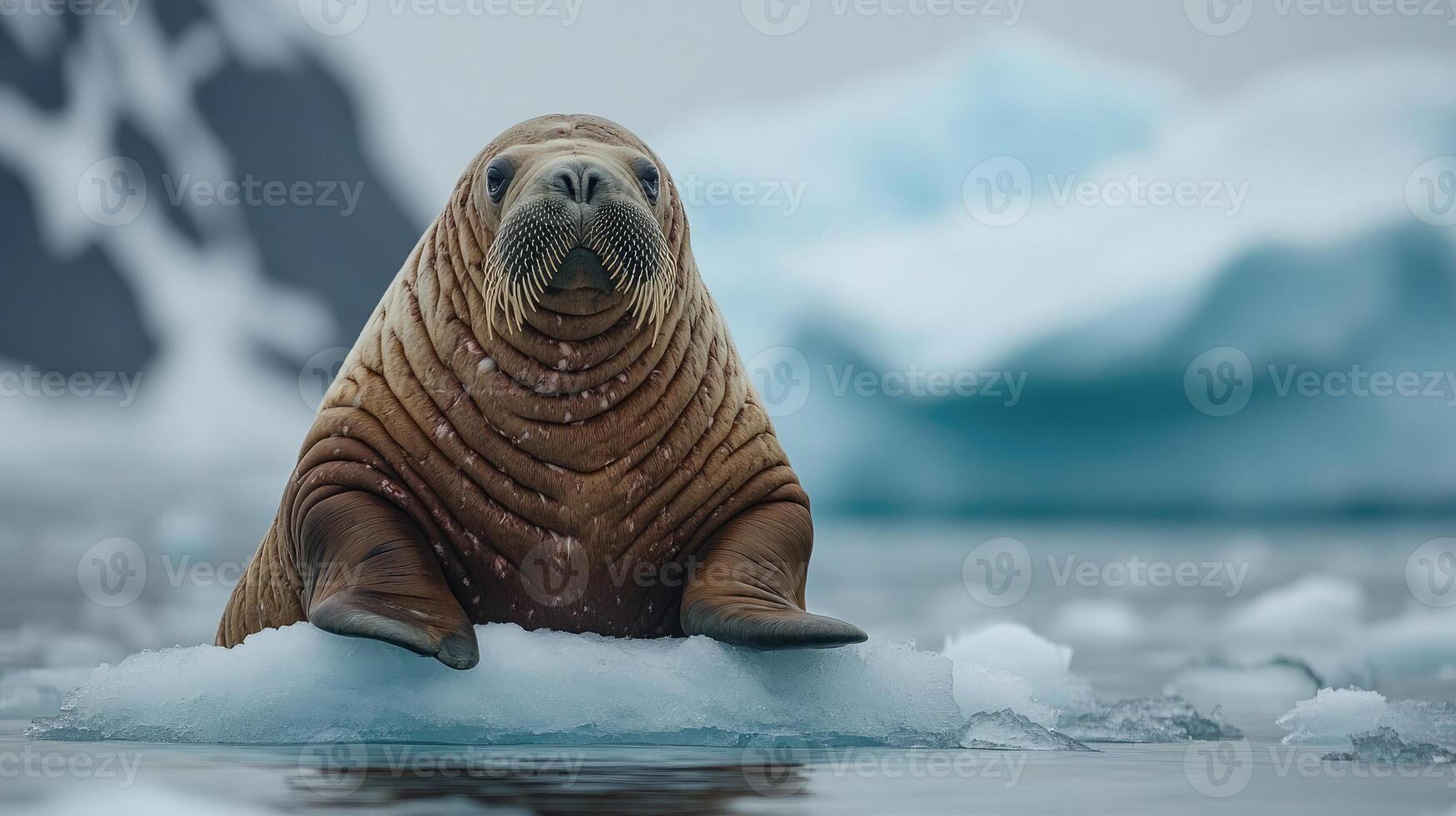 Large walrus resting on ice flow with icebergs in background photo