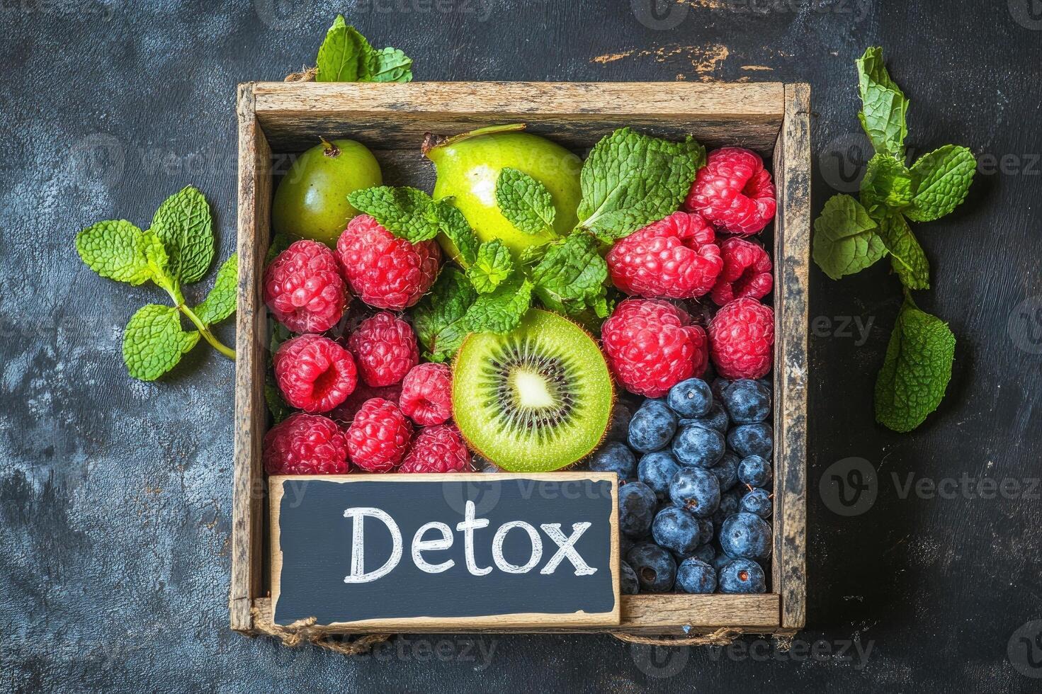 Detox sign surrounded by fresh fruits and mint leaves in wooden box photo