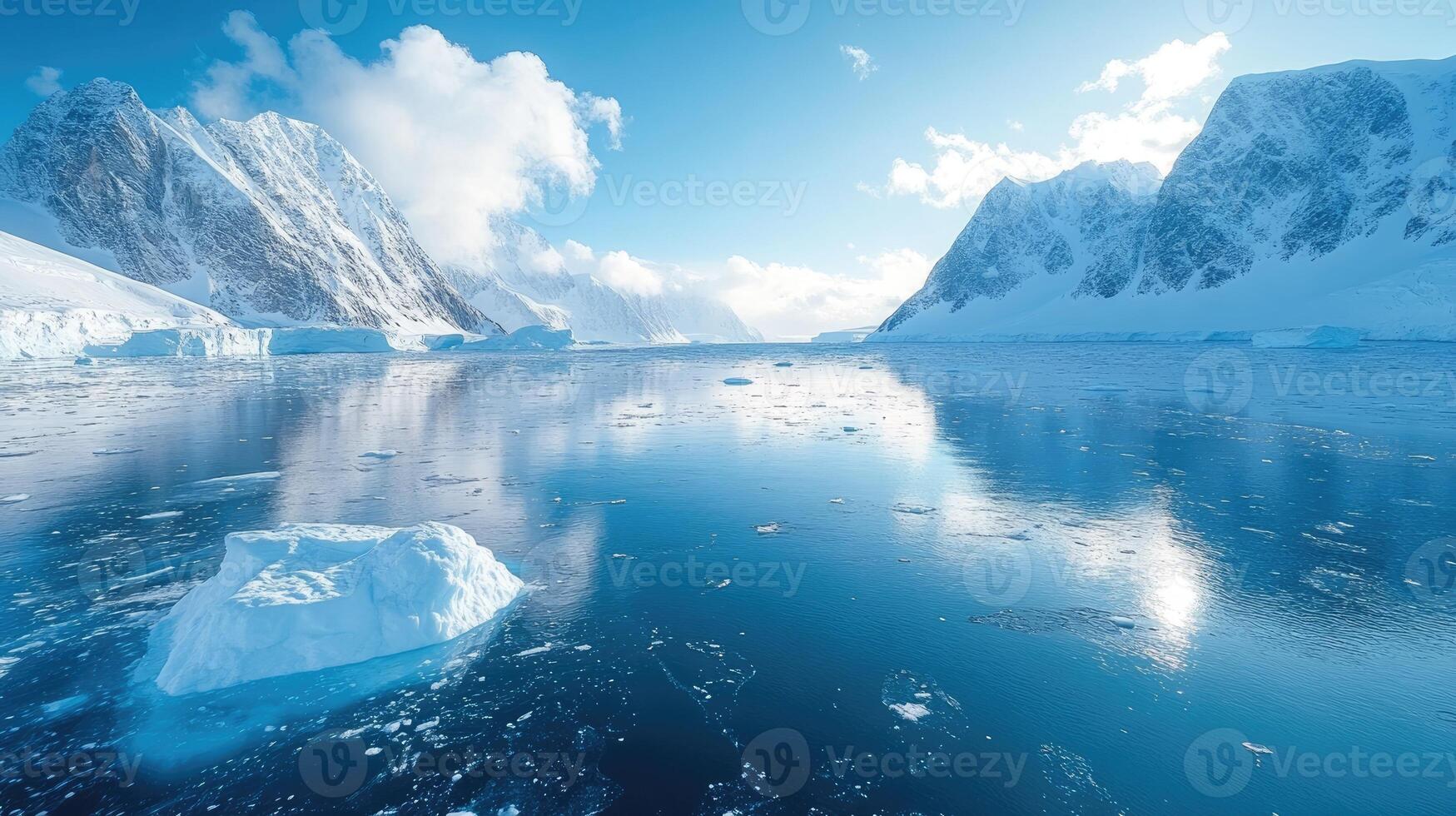 Sunlight reflecting on the ocean water in antarctica with snowy mountains photo
