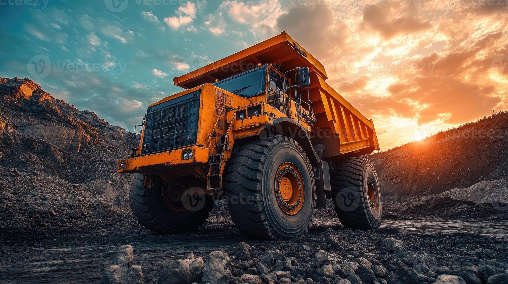 Big yellow mining dump truck moving on dusty road in open pit mine photo