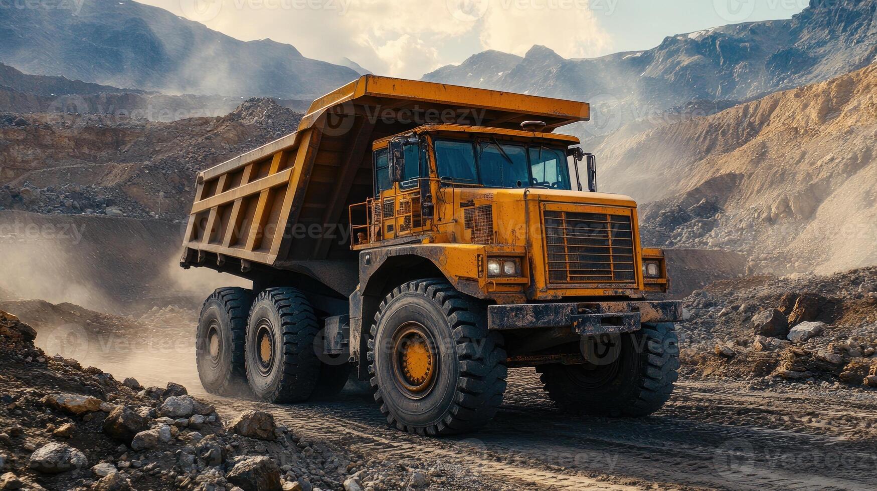 Big yellow mining dump truck moving on dusty road in open pit mine photo