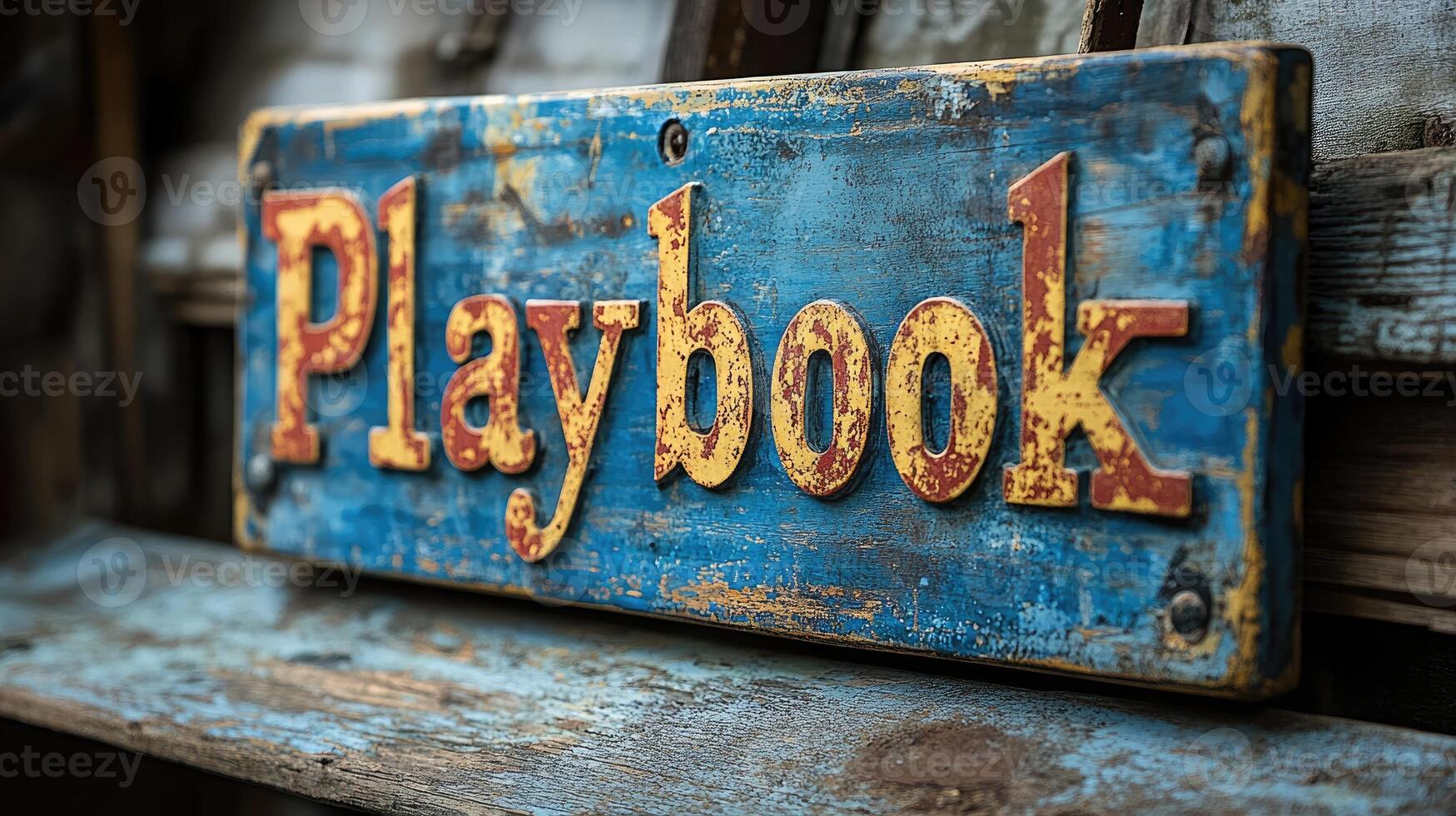 Playbook sign hanging on a rustic blue door photo