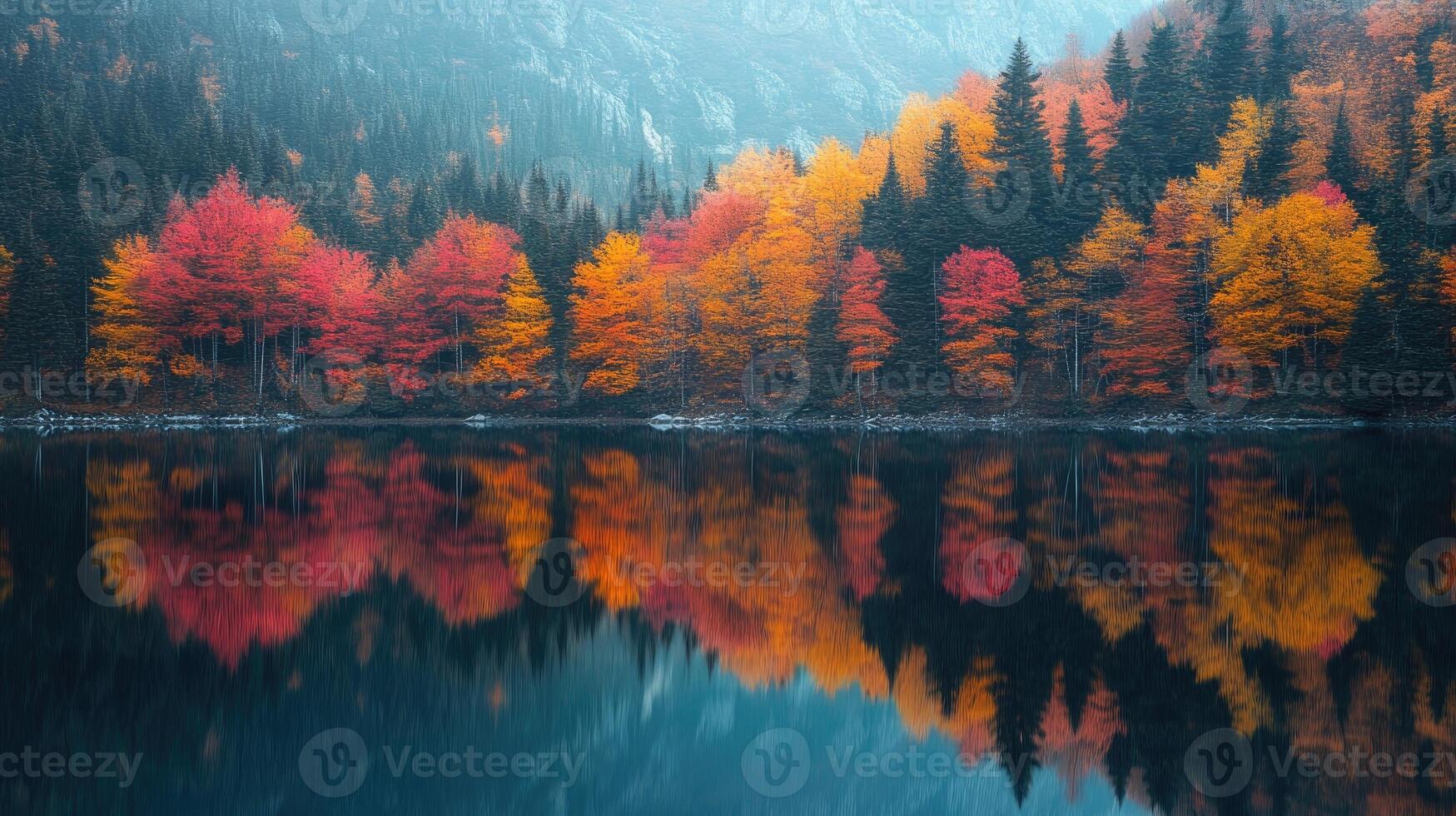 Serene lake reflecting colorful autumn foliage and misty mountain landscape photo