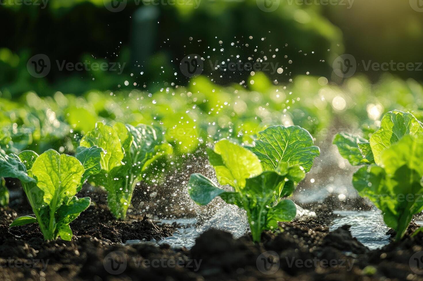 Irrigation system watering rows of sugar beets in agricultural field photo