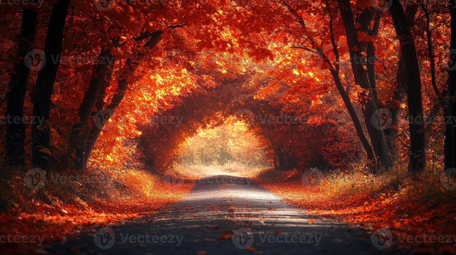 Sun shining through canopy of trees creating tunnel of autumn colors photo