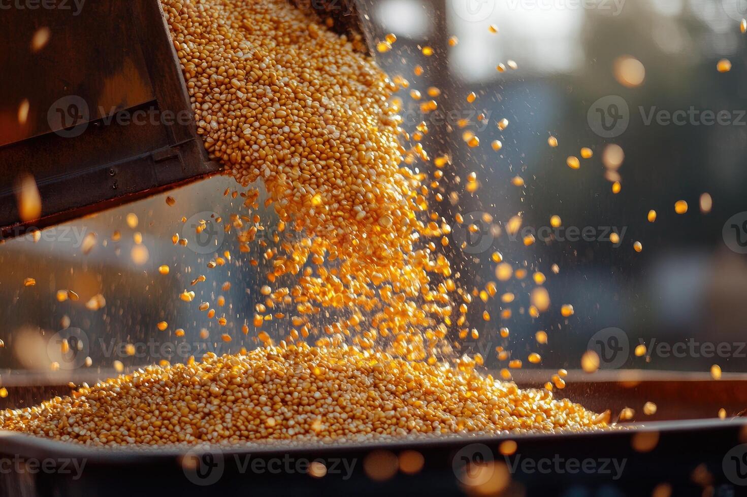 Golden corn grains pouring from tractor into truck on farm at sunset photo
