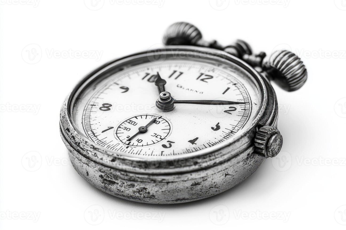 Old stopwatch showing time passing by sitting on white background photo
