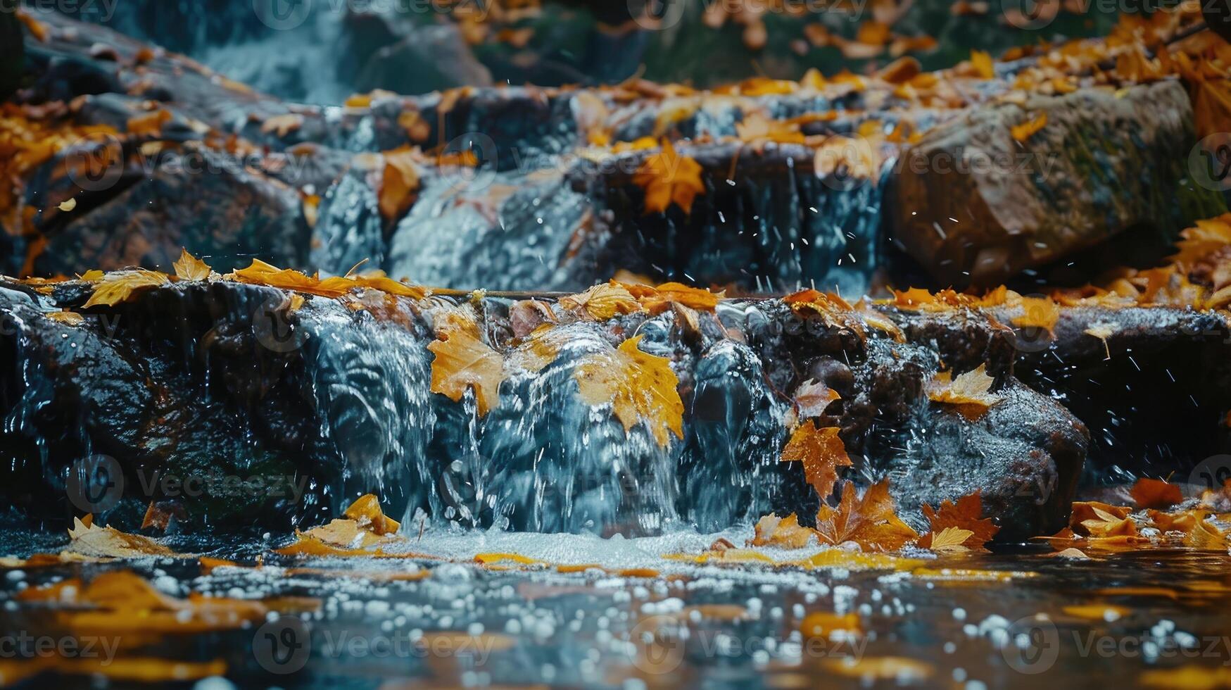 Waterfall flowing over rocks covered with autumn leaves in the forest photo