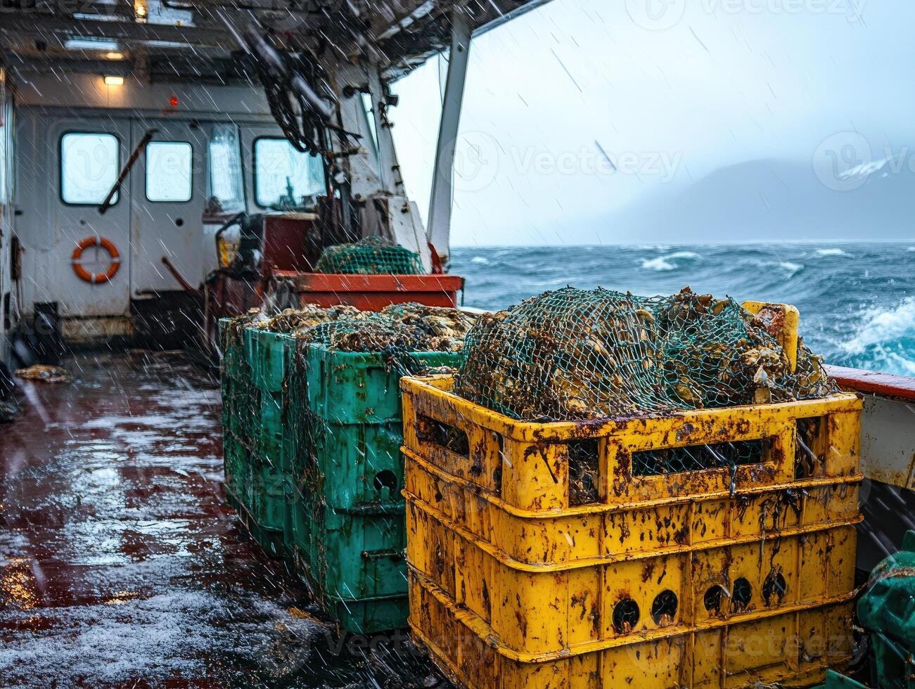 Fishing boat in the middle of the ocean is carrying freshly caught fish in crates photo