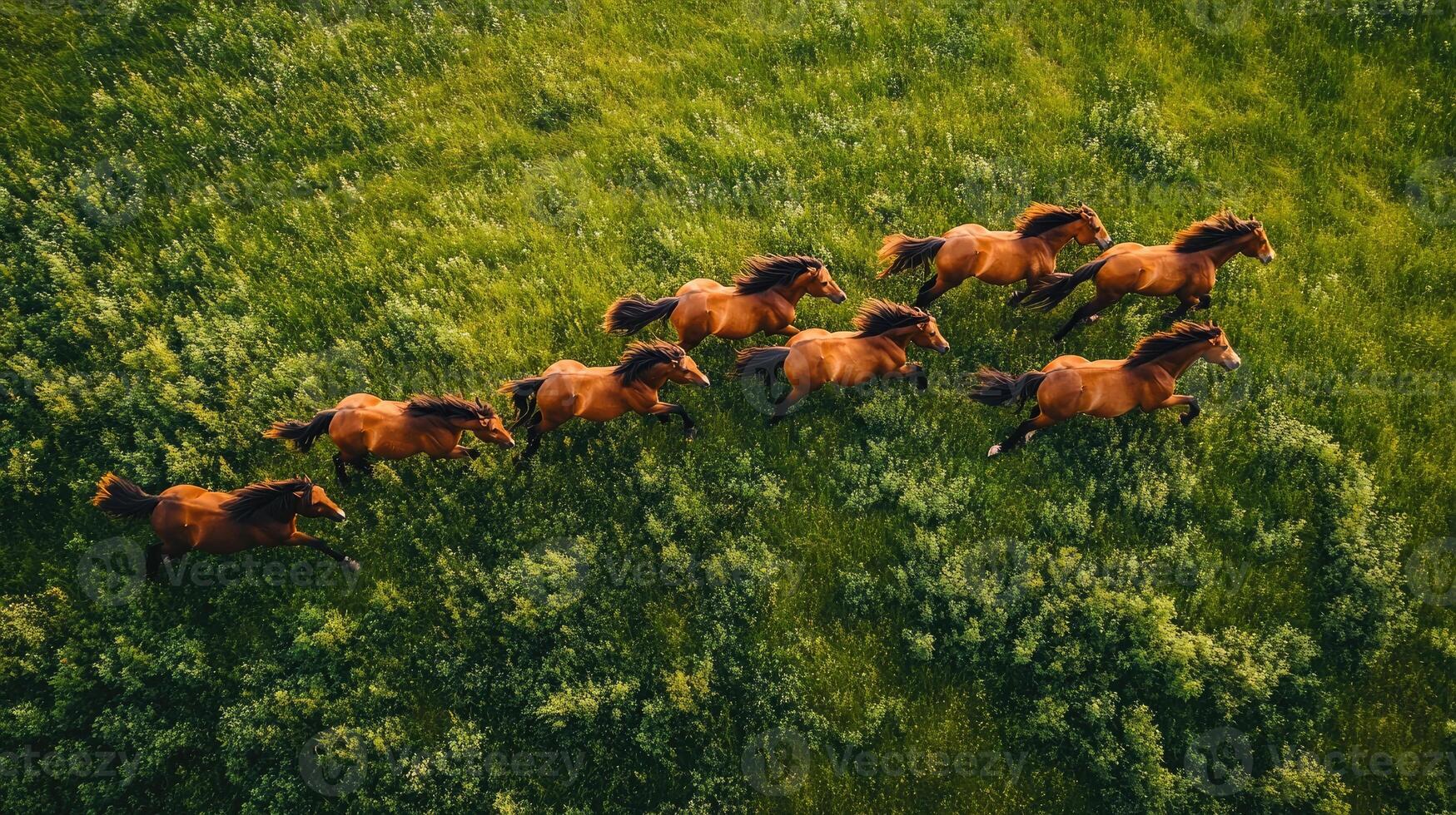 Herd of horses running above green forest in summer photo