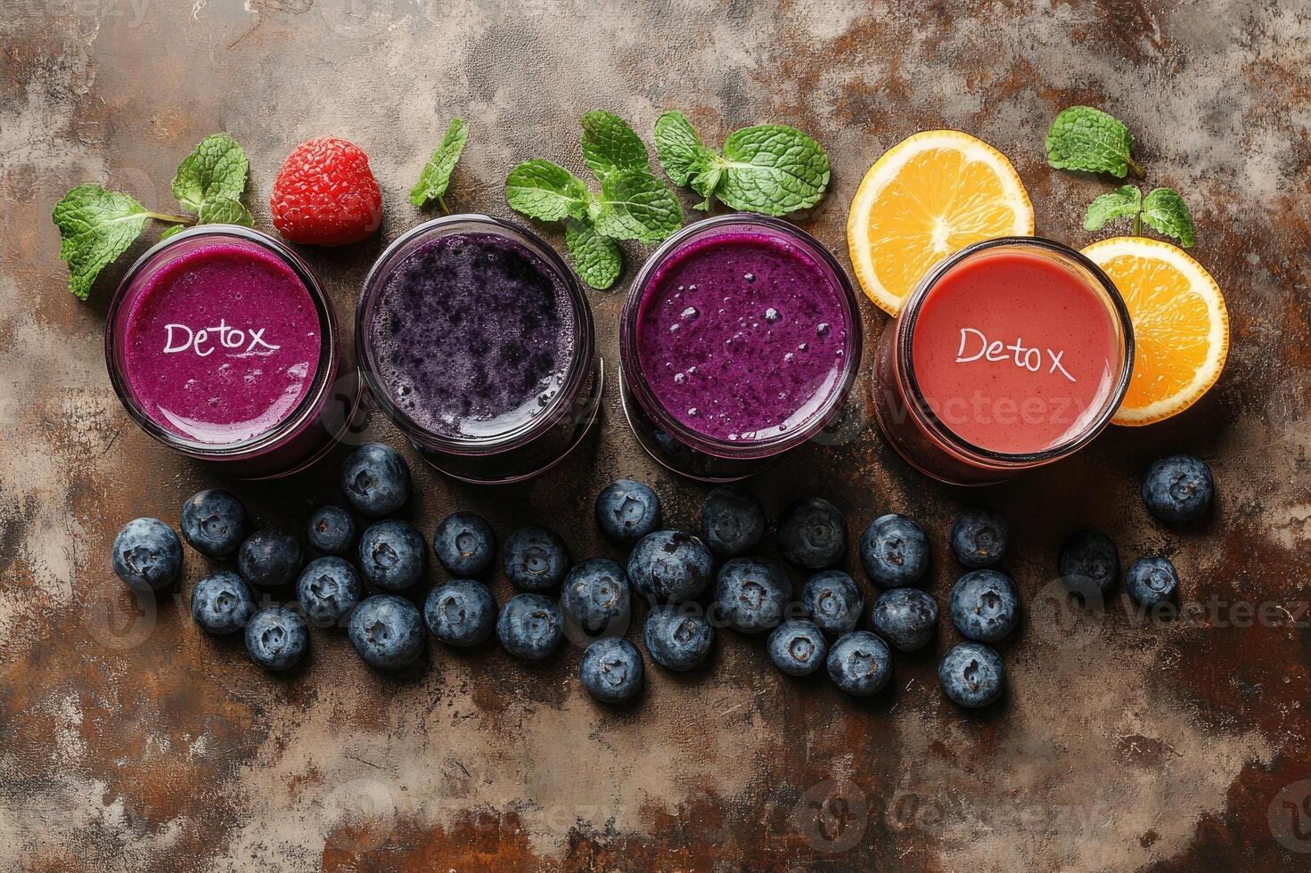 Bottles of colorful detox juices with fresh ingredients surrounding them photo