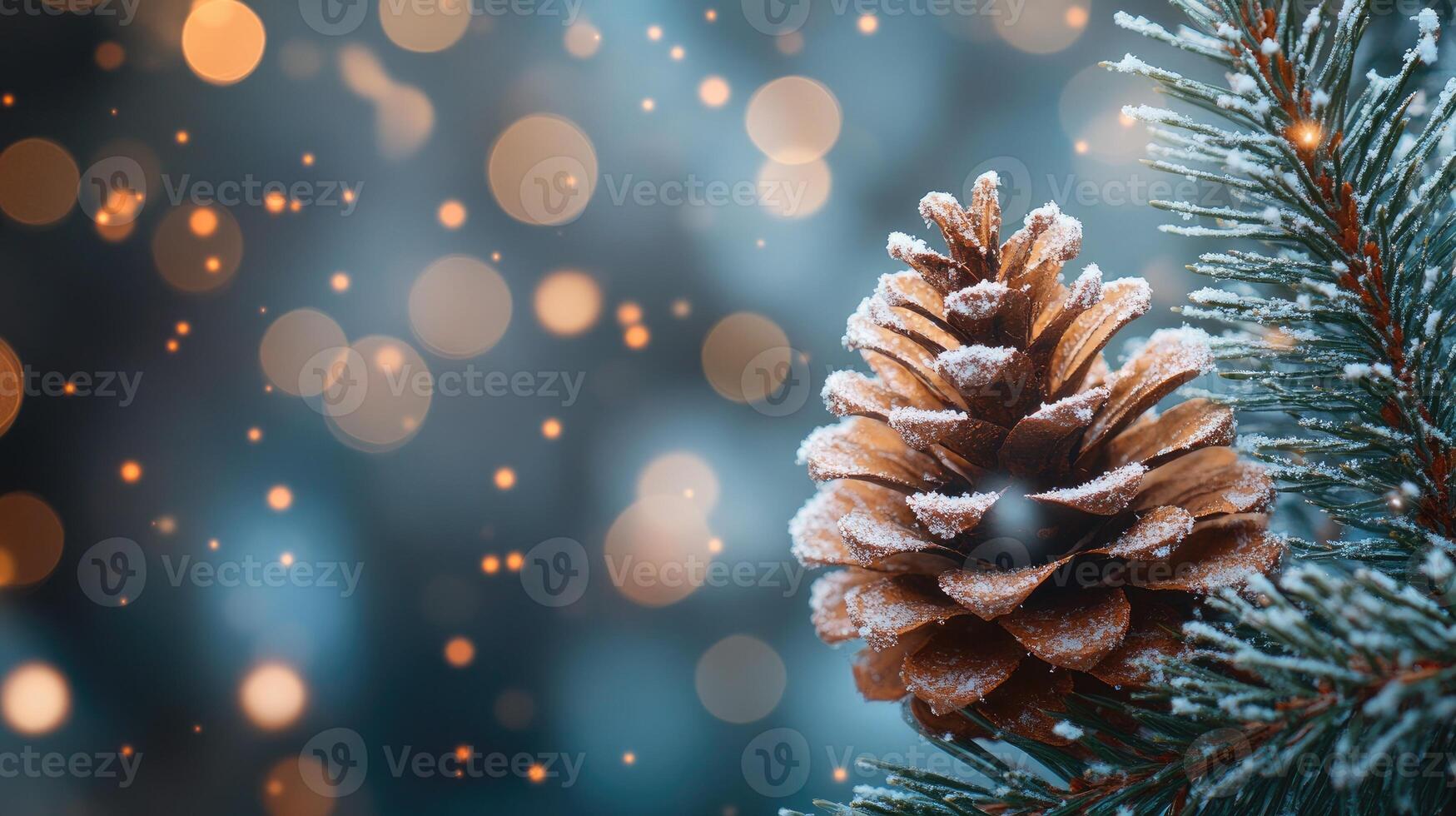 Pine cone covered with snow resting on a branch in winter with falling snow and bokeh lights photo