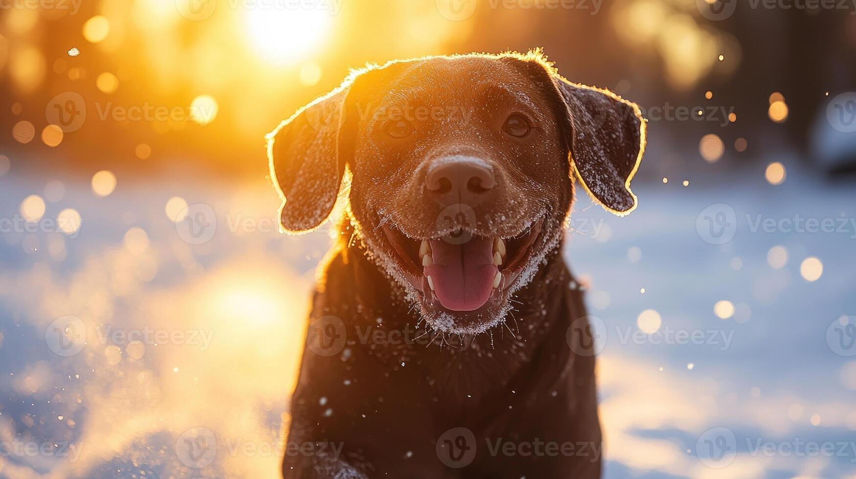 Happy brown labrador retriever dog playing in the snow at sunset photo