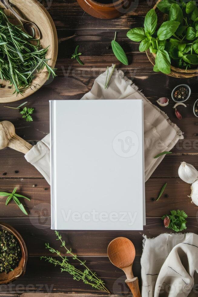 Blank white book cover mock-up on an Italian kitchen table surrounded by fresh herbs and Italian ingredients photo