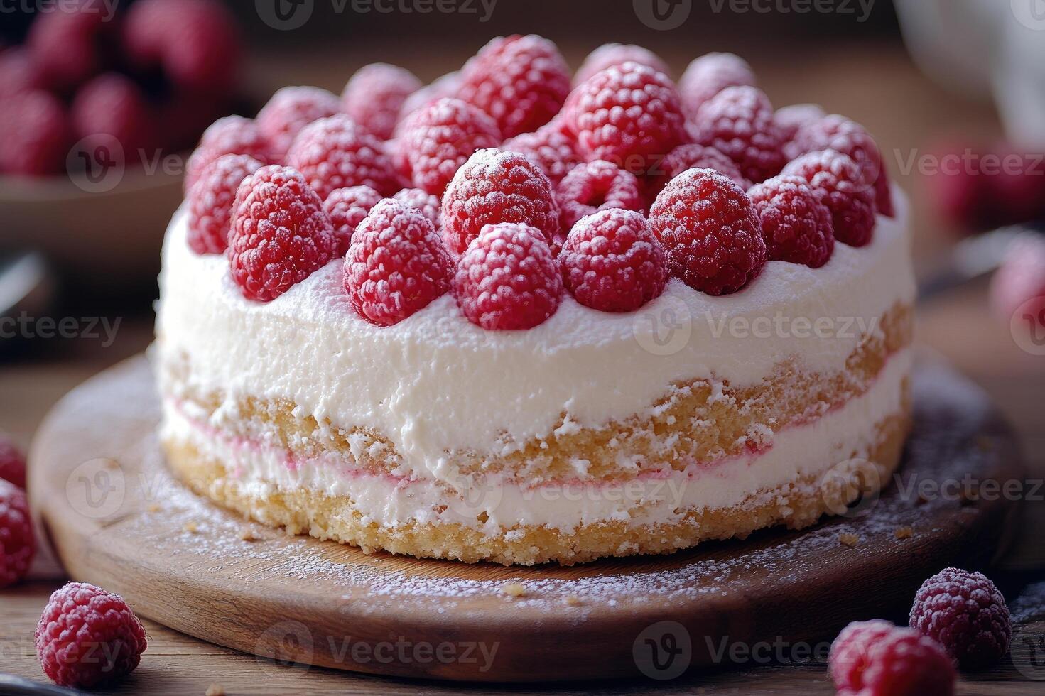 Delicious raspberry cake decorated with fresh mint leaves and icing sugar photo
