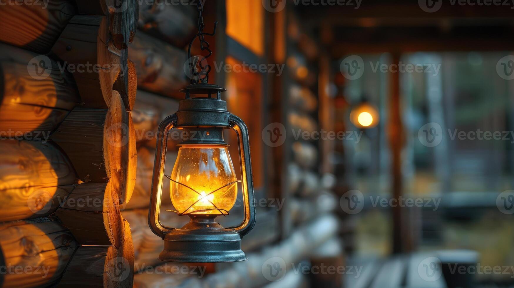 Old rusty kerosene lantern hanging and glowing by the window of a log cabin photo