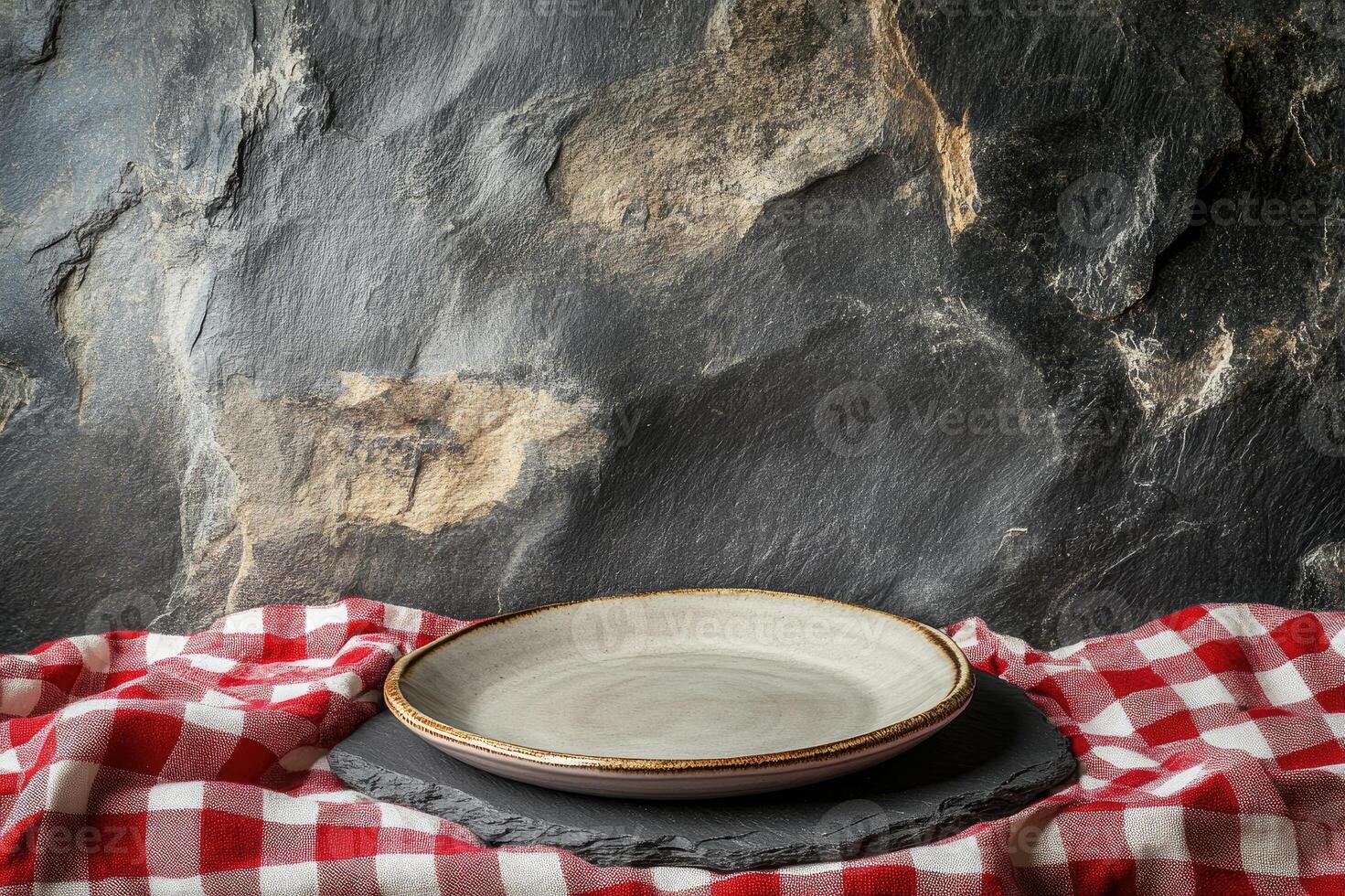 Empty plate resting on slate on red picnic tablecloth with stone background photo