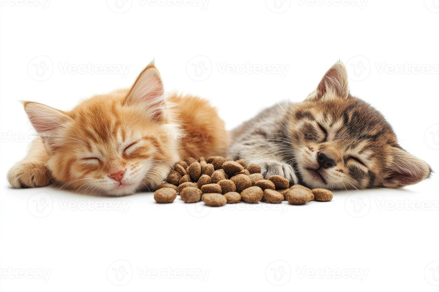Two cute kittens sleeping next to a pile of dry food on white background photo