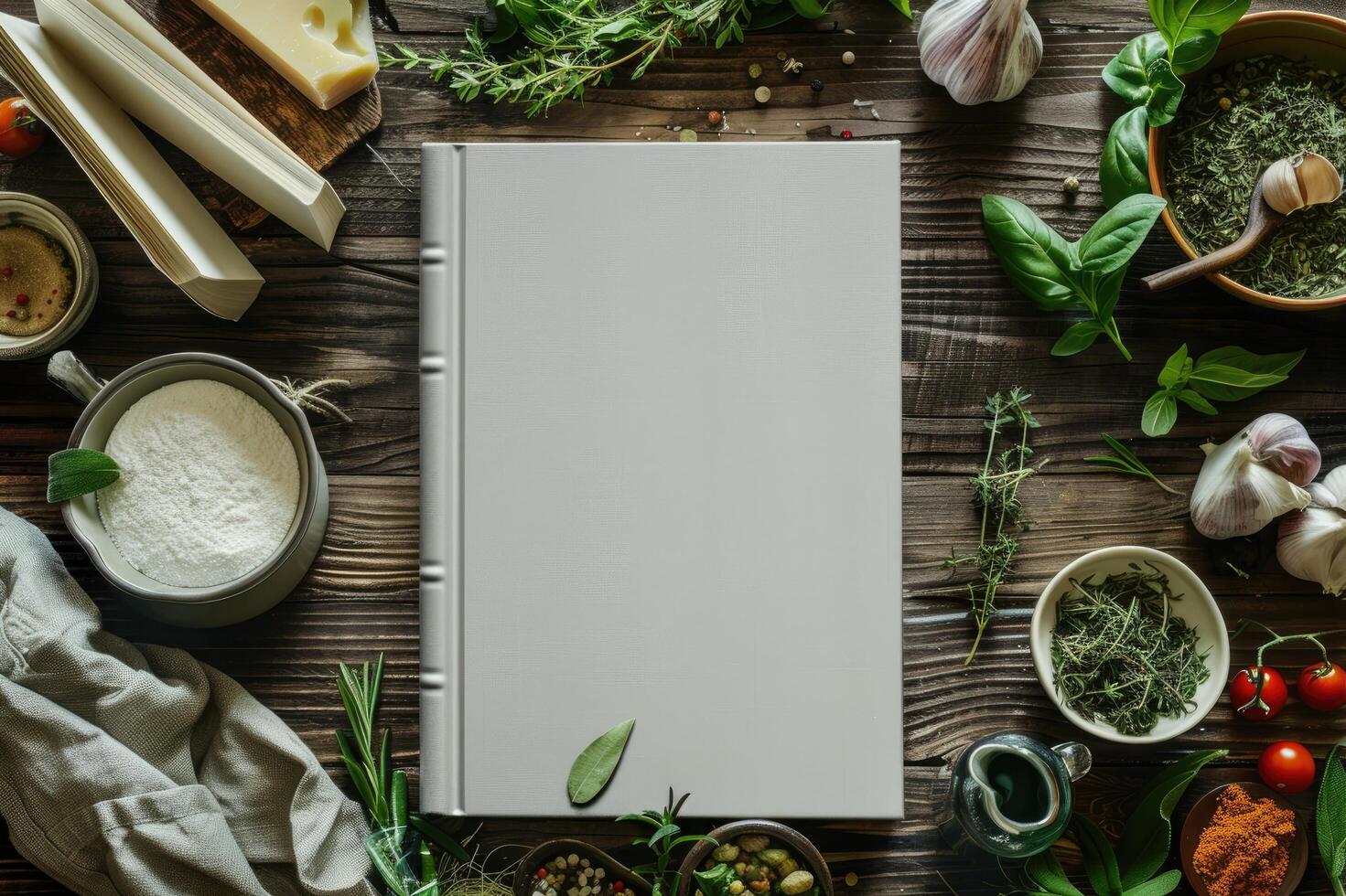 Blank white book cover mock-up on an Italian kitchen table surrounded by fresh herbs and Italian ingredients photo