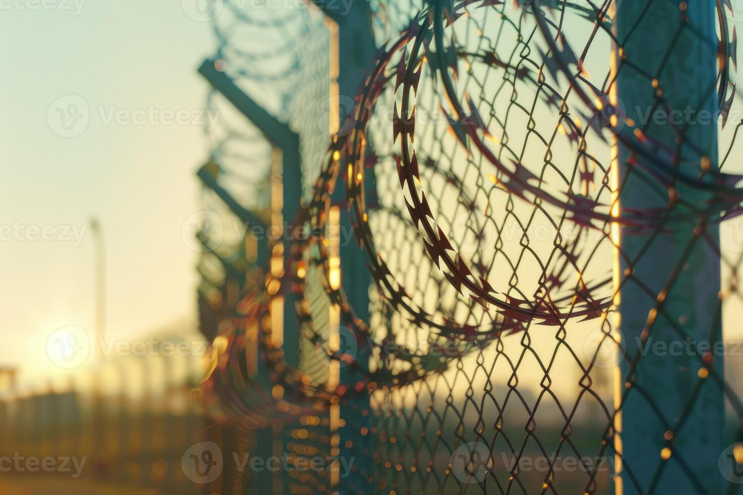 Barbed wire fence protecting perimeter at sunset creating warm glowing background photo