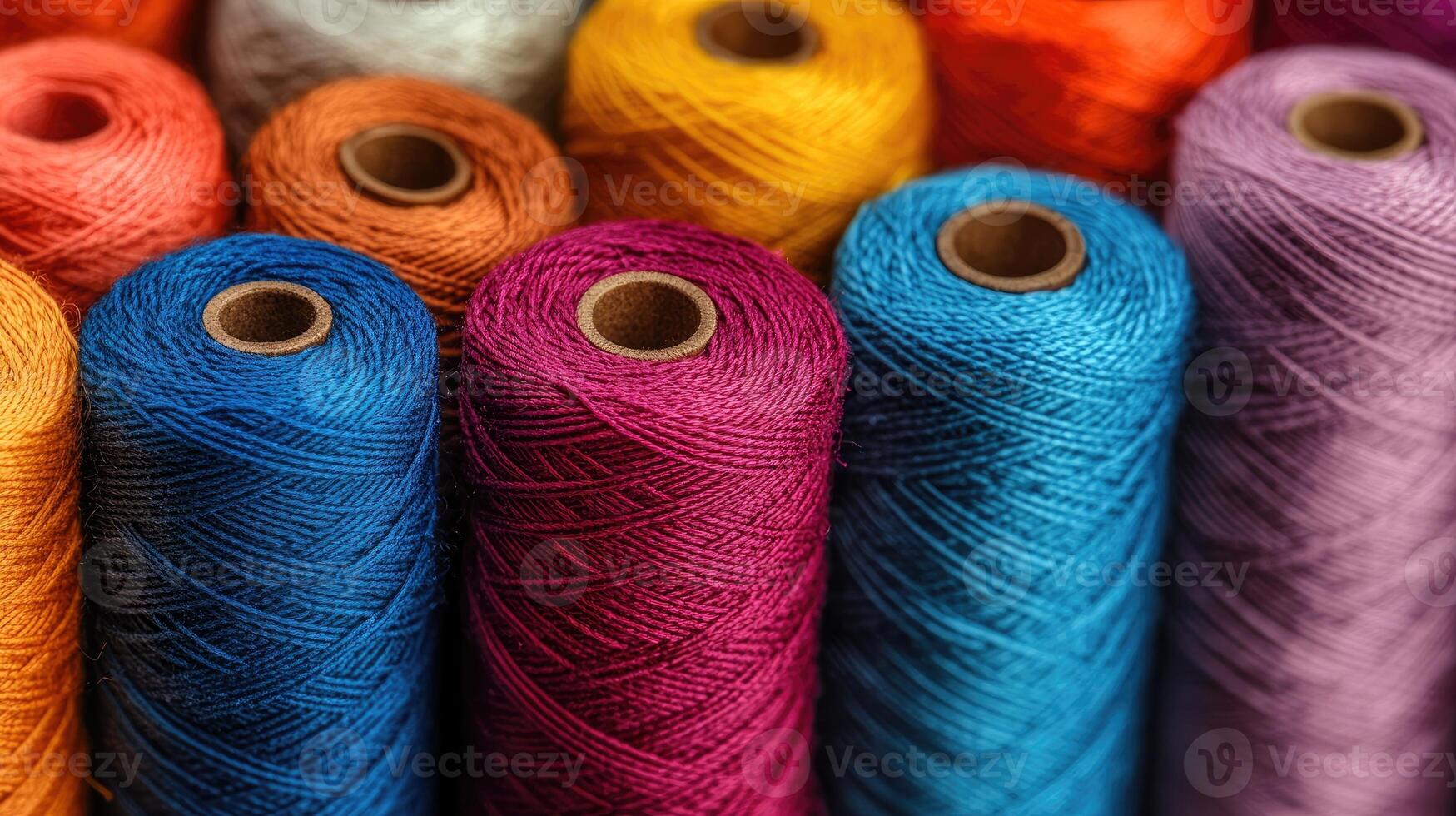 Variety of colorful sewing threads on wooden spools photo