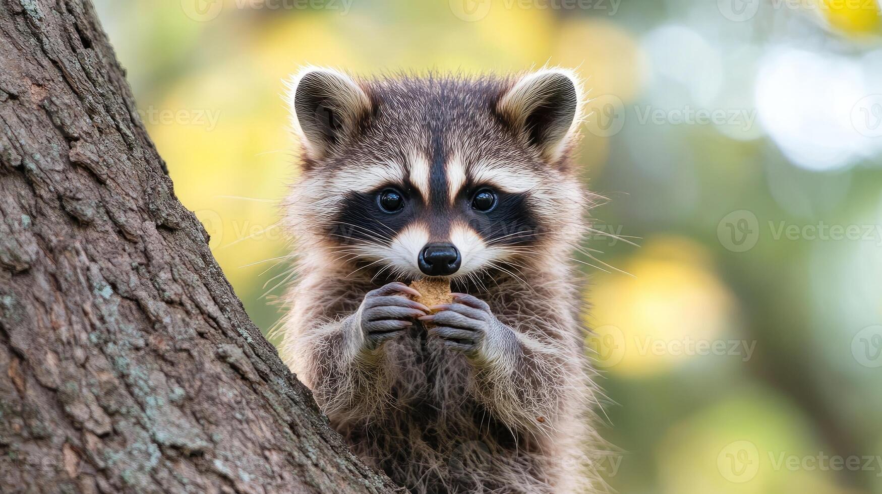 Baby raccoon eating cookie sitting on tree branch photo