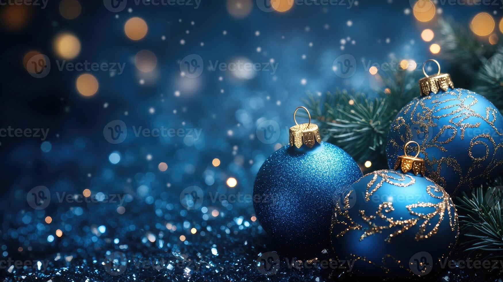 Christmas baubles and pine cones creating festive atmosphere on blue glitter photo