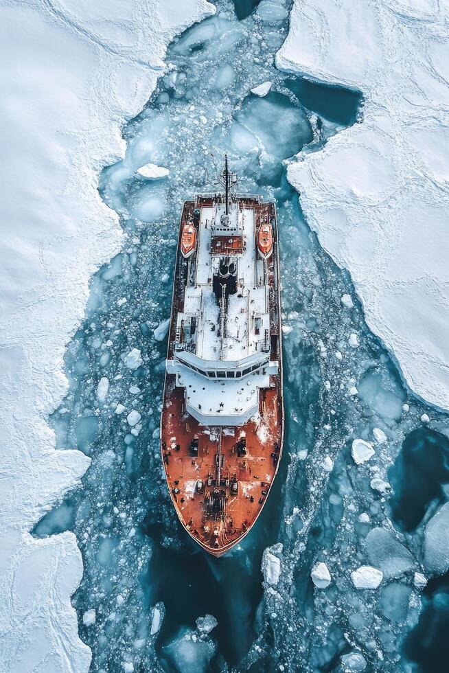 Powerful icebreaker ship crushing through frozen ocean in arctic photo