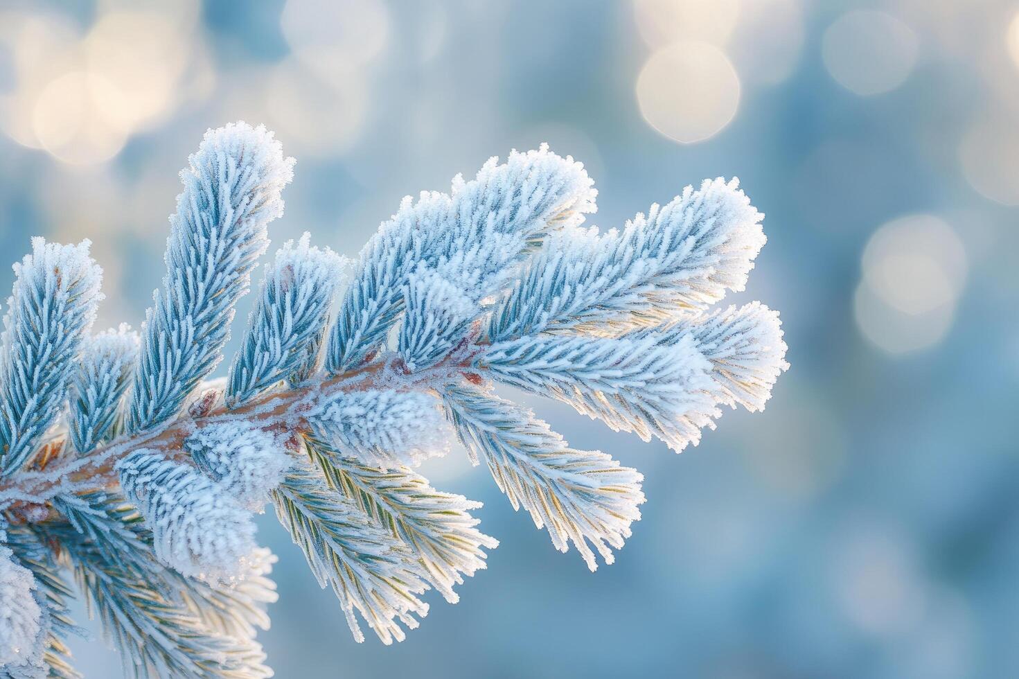 Frozen pine tree branch covered in snow and ice crystals on a cold winter day photo