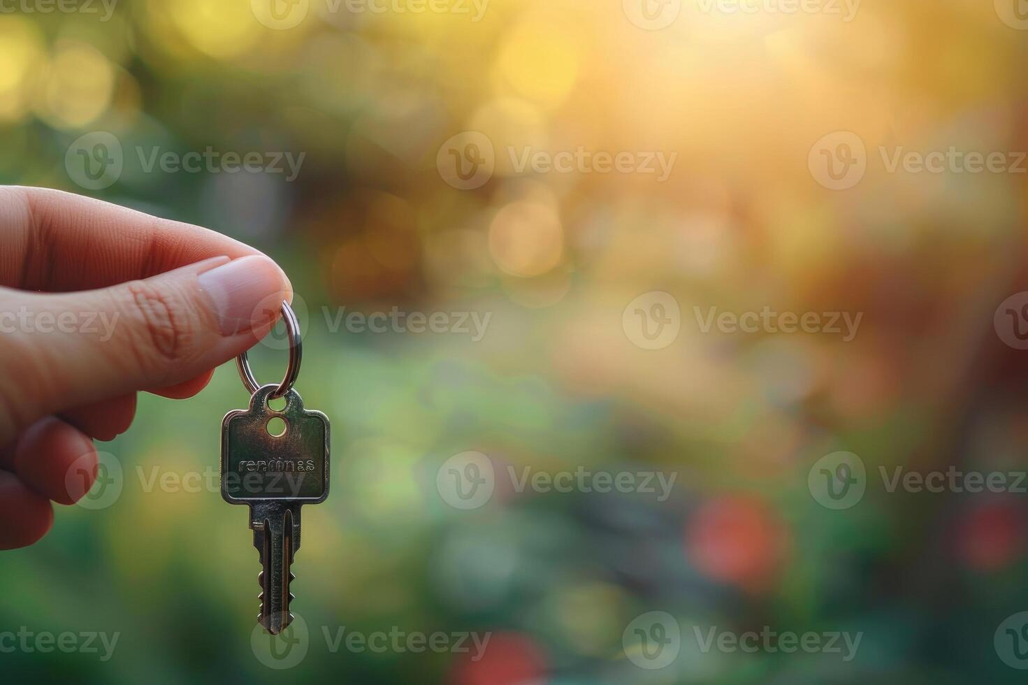 Real estate agent holding new house key with sun flare background photo