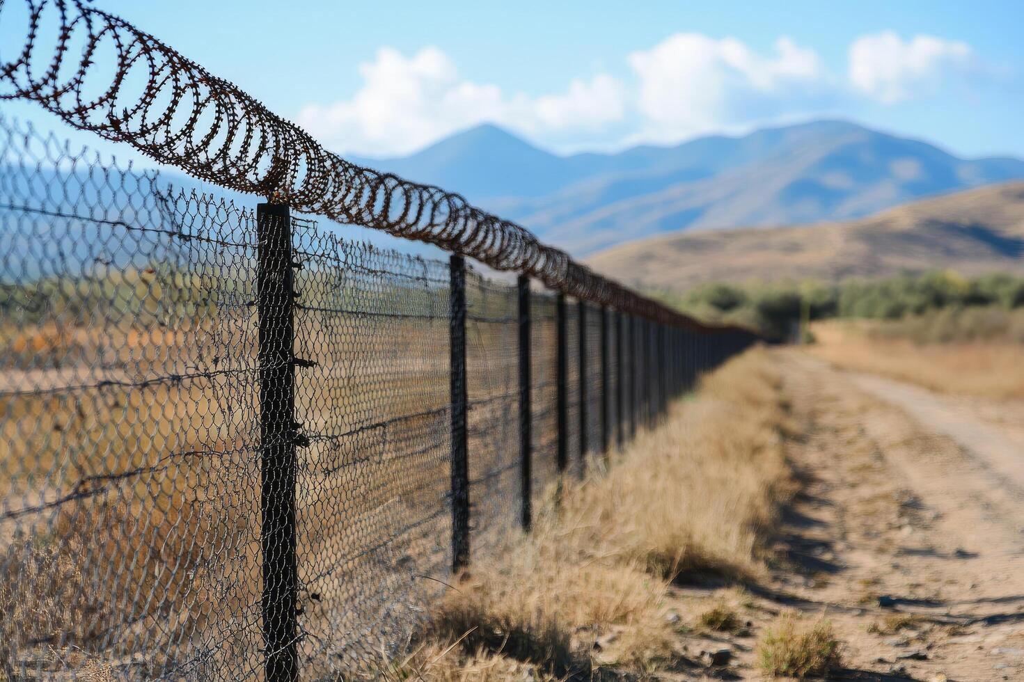 Barbed wire fence creating a secure border line under blue sky photo