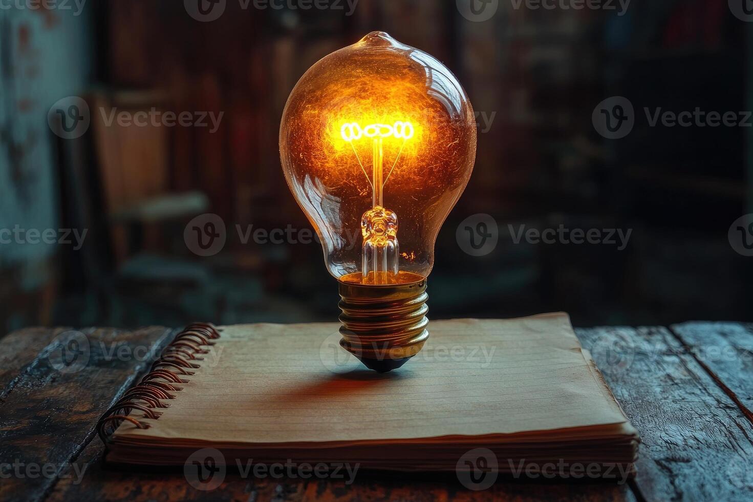 Glowing lightbulb floating over a notebook suggesting new ideas photo