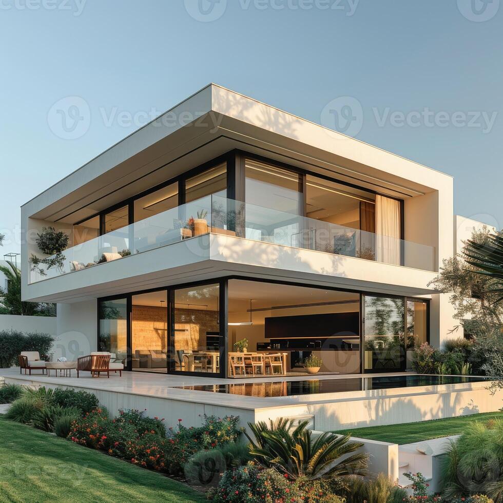Modern white cube house with swimming pool illuminating at dusk photo
