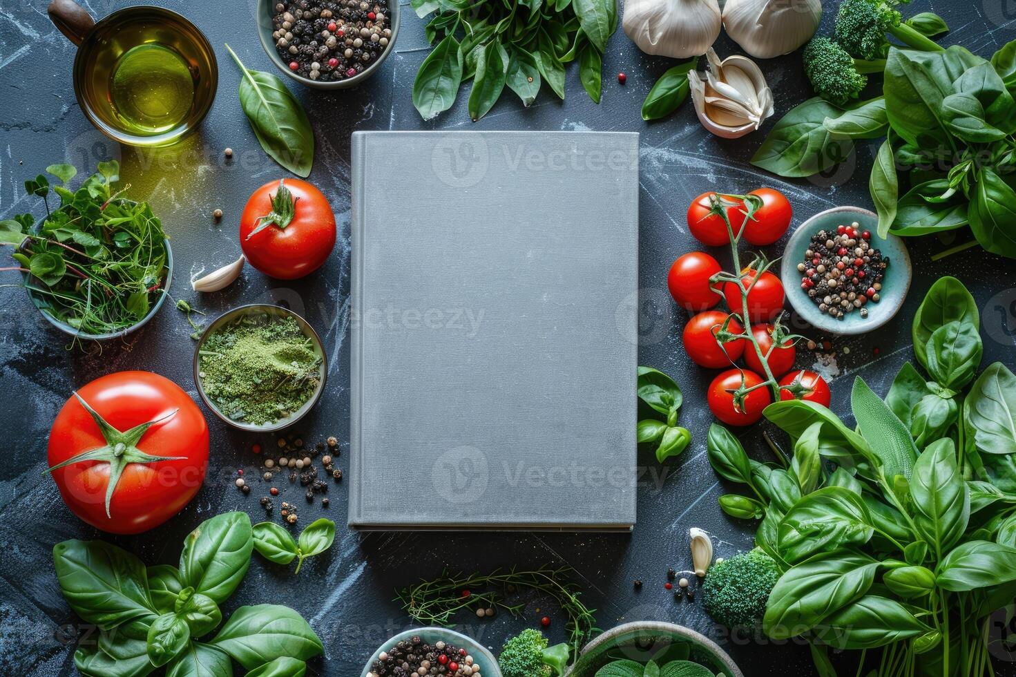 Blank white book cover mock-up on an Italian kitchen table surrounded by fresh herbs and Italian ingredients photo