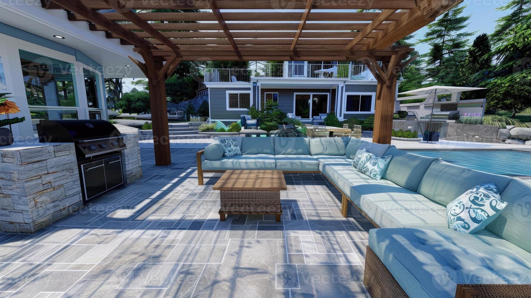 Cozy patio with sofas and a table. Pergola shade over patio. photo