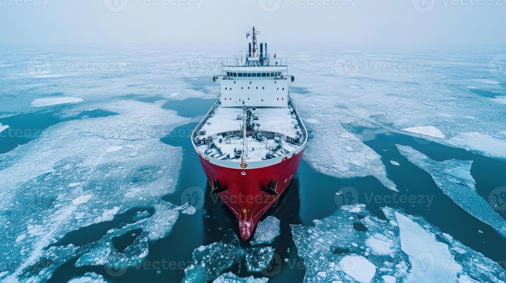 Red icebreaker ship breaking through frozen arctic ocean photo