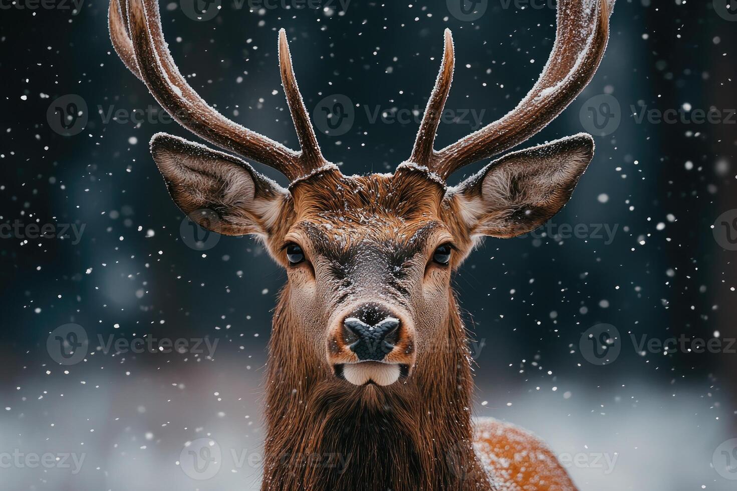 Majestic red deer standing in snowfall with antlers covered in snow photo
