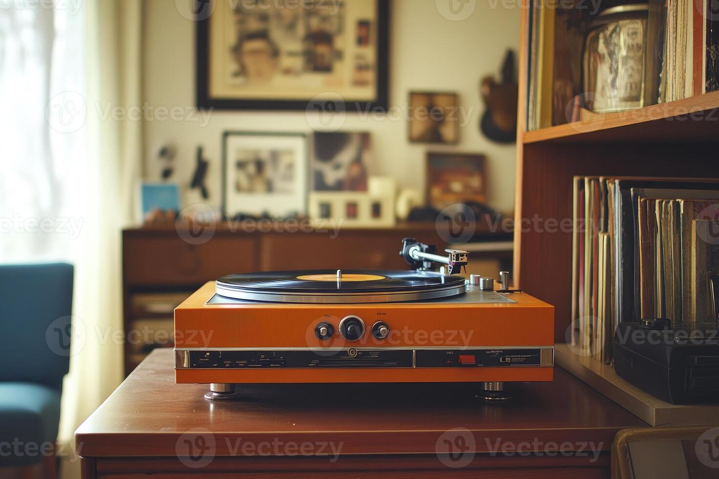 Vintage orange record player playing vinyl in cozy apartment photo