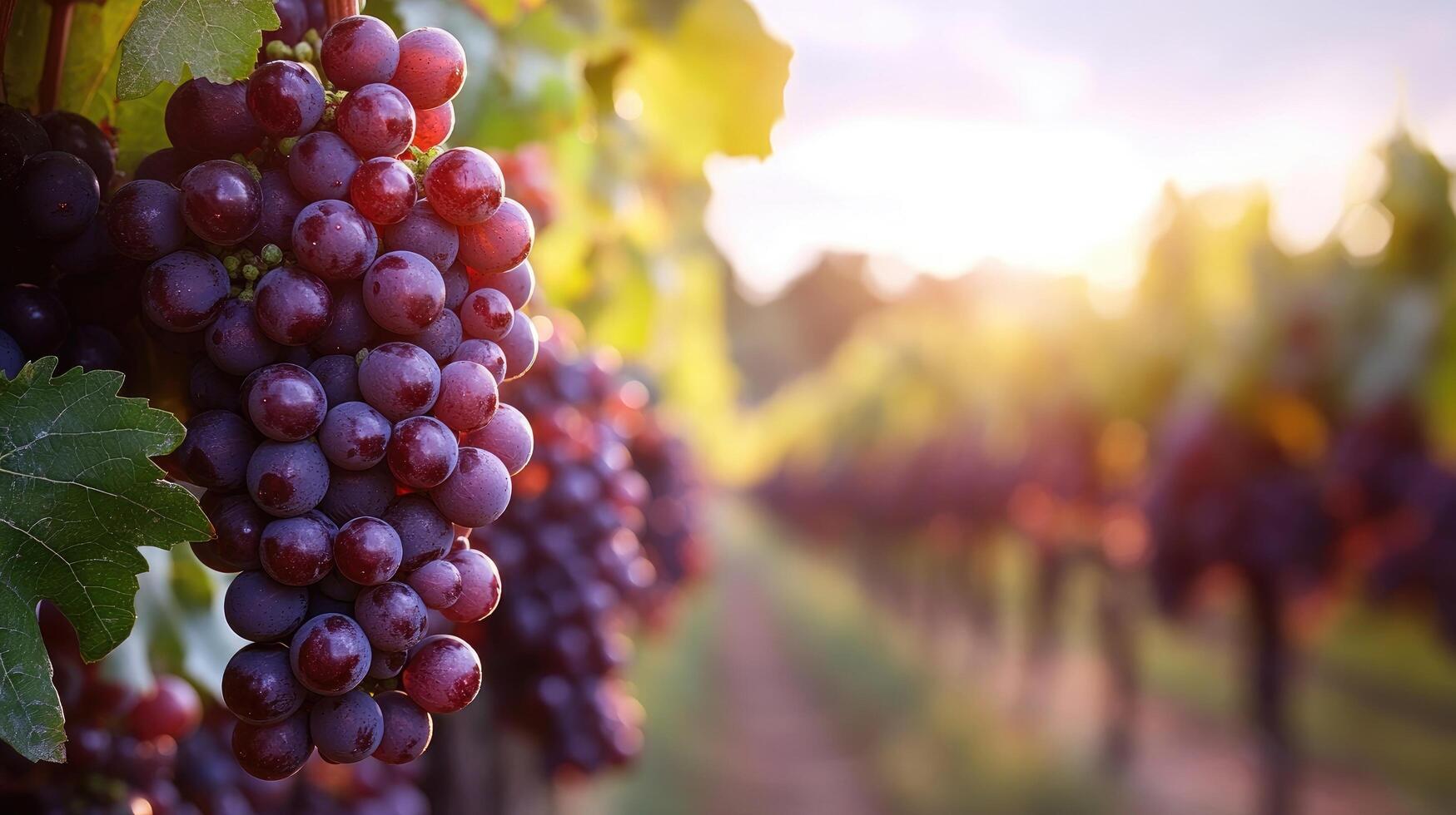 Branch of ripe purple grapes hanging from vine in vineyard at sunset photo