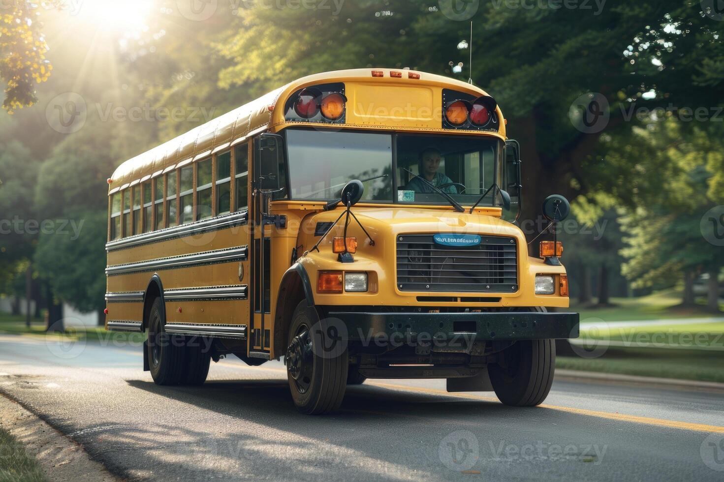 Yellow school bus driving students on a suburban street photo