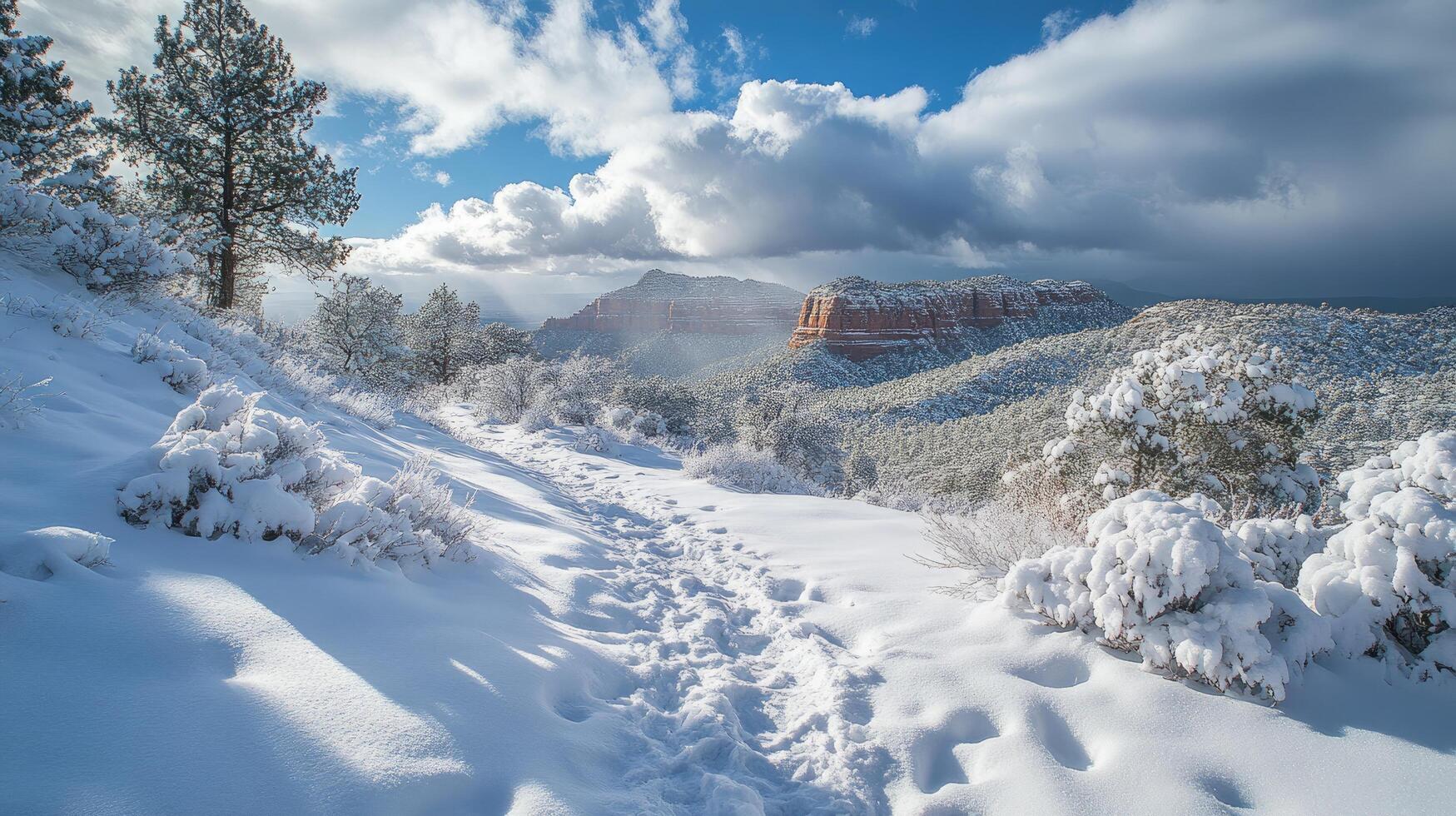 Hiking trail winding through snow covered red rock landscape, Arizona photo