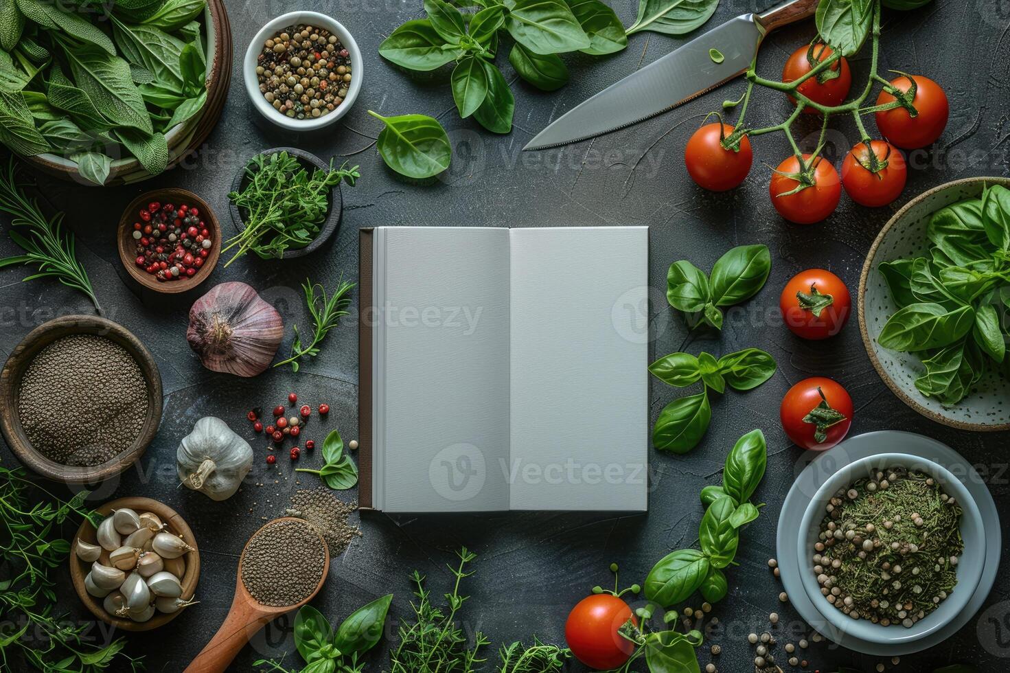 Blank white book cover mock-up on an Italian kitchen table surrounded by fresh herbs and Italian ingredients photo