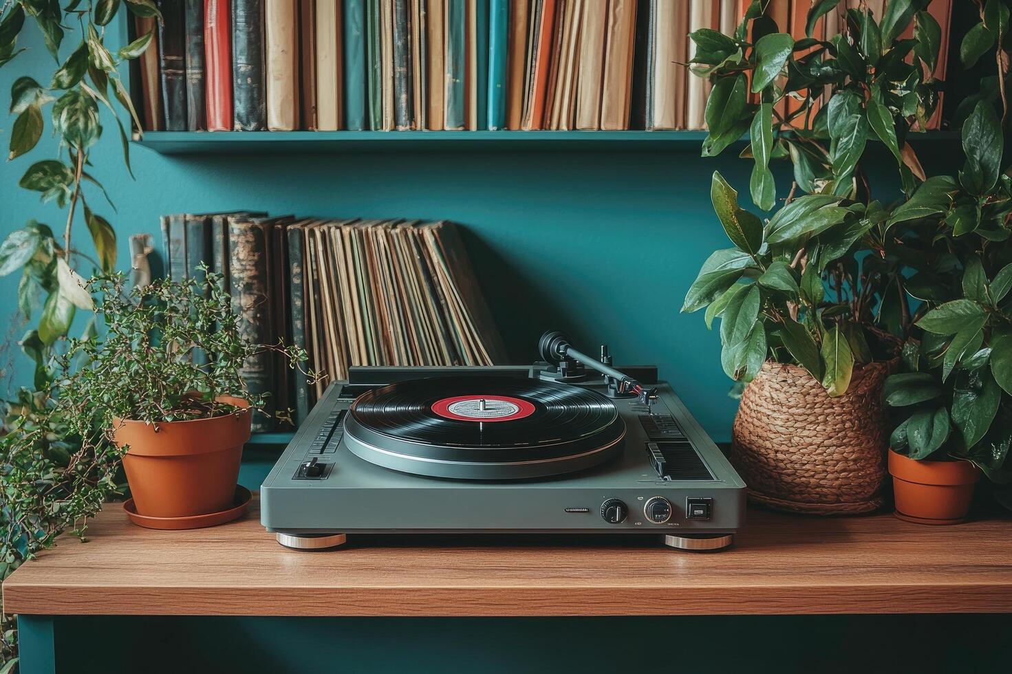 Vinyl record player playing music on wooden shelf with plants and books in background photo