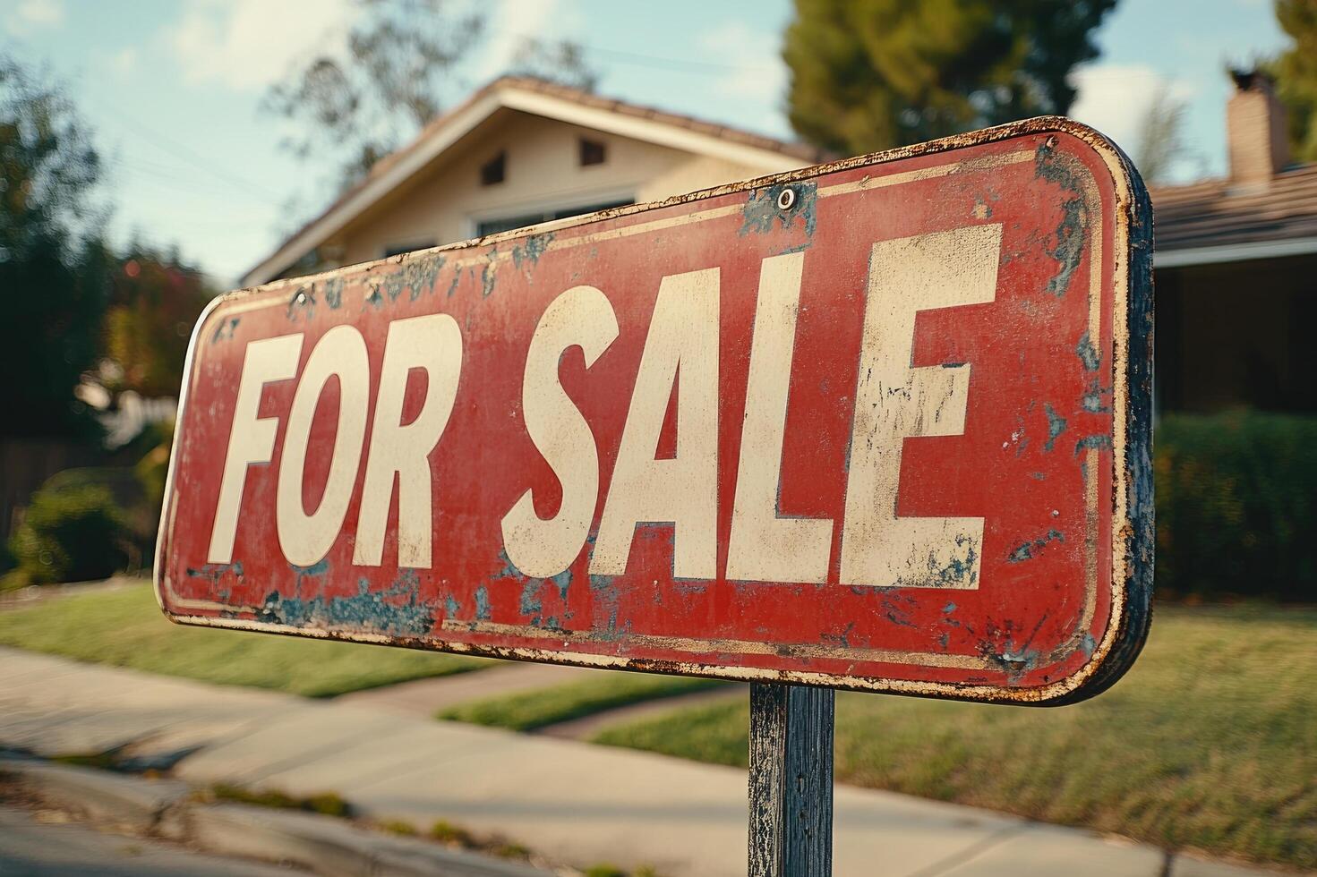 Old weathered for sale sign with boarded up abandoned house in background photo