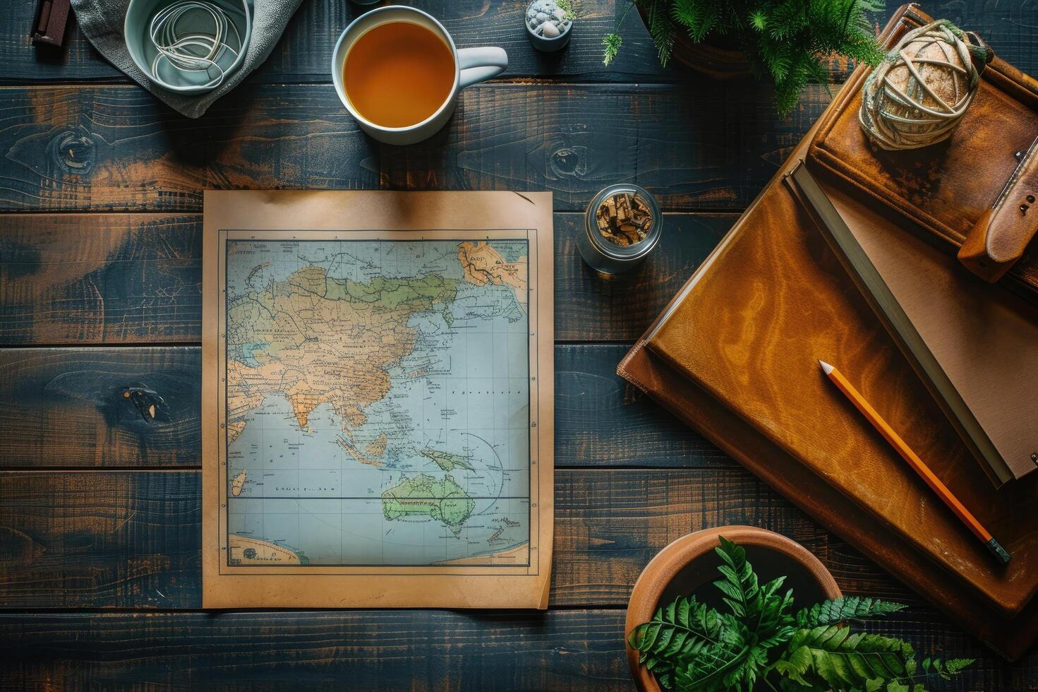 Travel blogger planning next trip with world map on rustic wooden desk photo