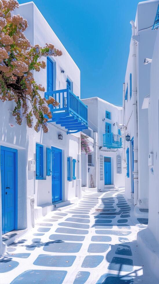 Narrow street winding through whitewashed houses with blue doors and balconies in greece photo