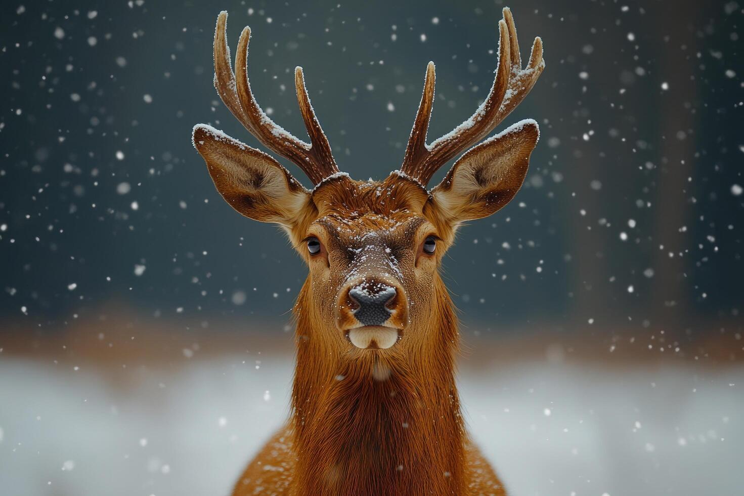 Majestic red deer standing in snowfall with antlers covered in snow photo