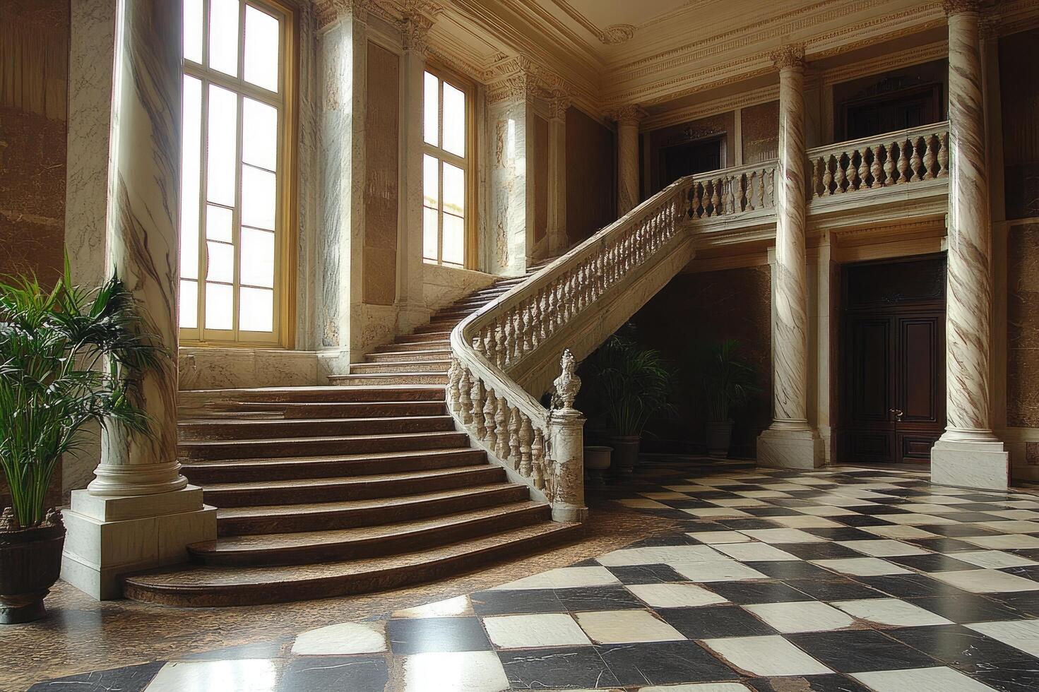 Luxurious entrance hall with checkerboard floor and staircase leading to second floor photo
