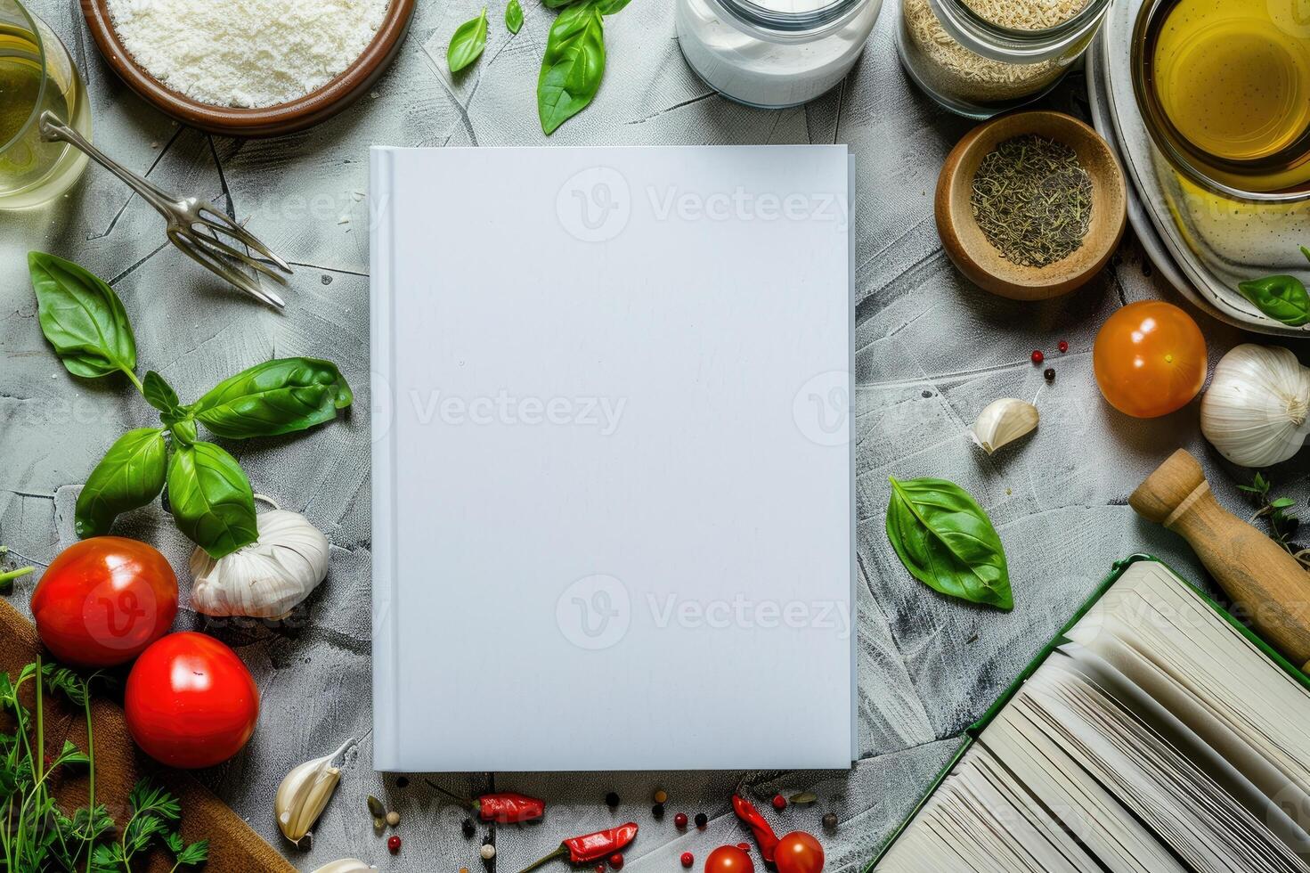 Blank white book cover mock-up on an Italian kitchen table surrounded by fresh herbs and Italian ingredients photo