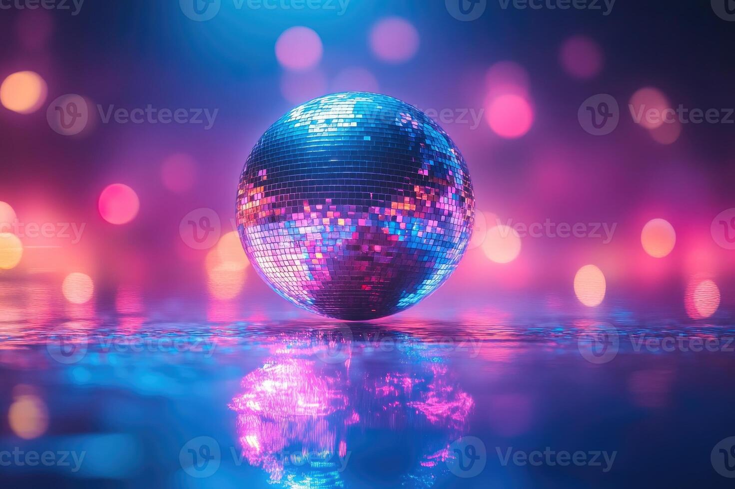 Disco ball reflecting colorful party lights on dance floor photo